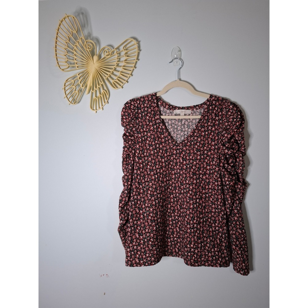 Loft Red Black Floral V-Neck Top Ruched Puff Long Sleeve Blouse Size M